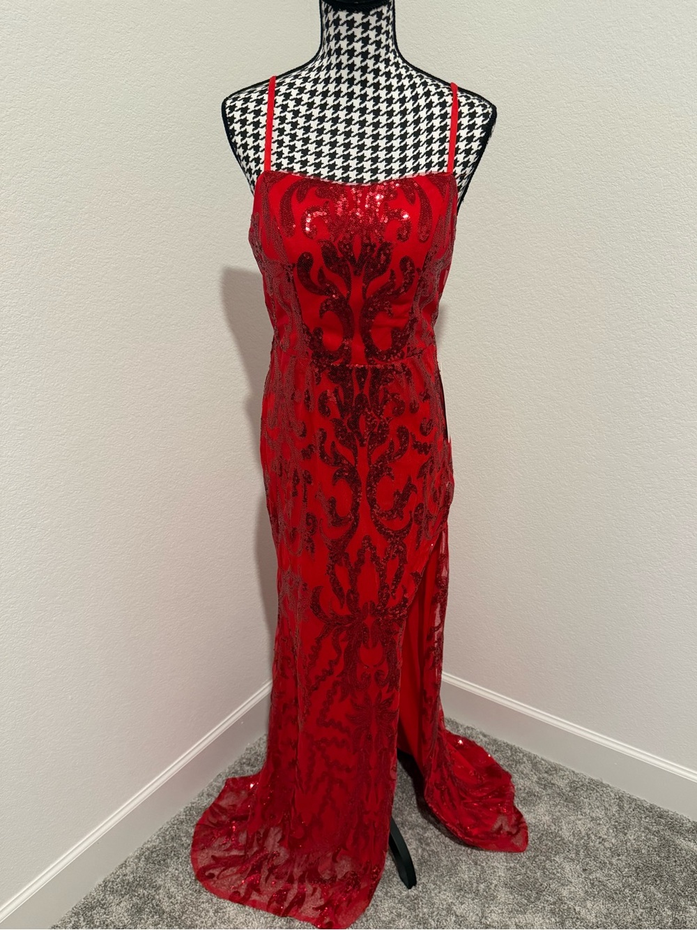 Red Sequined Evening Gown - Elegant Spaghetti Strap Dress